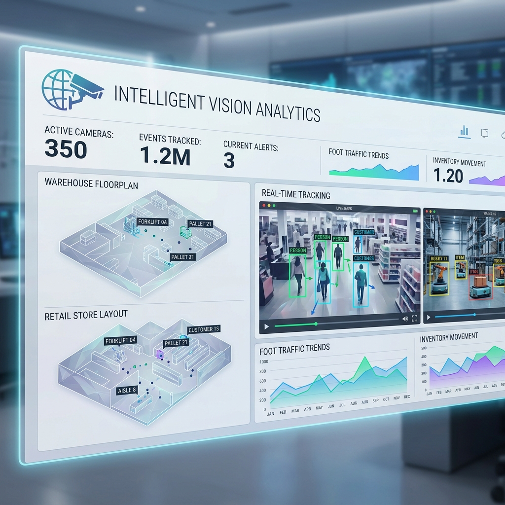 Camera analytics system tracking bounding boxes in warehouse and retail environments