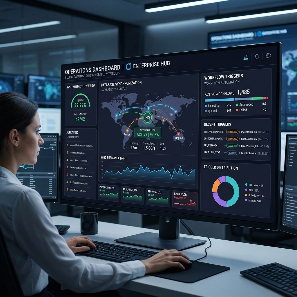 Enterprise operations dashboard showing database synchronization and workflow triggers
