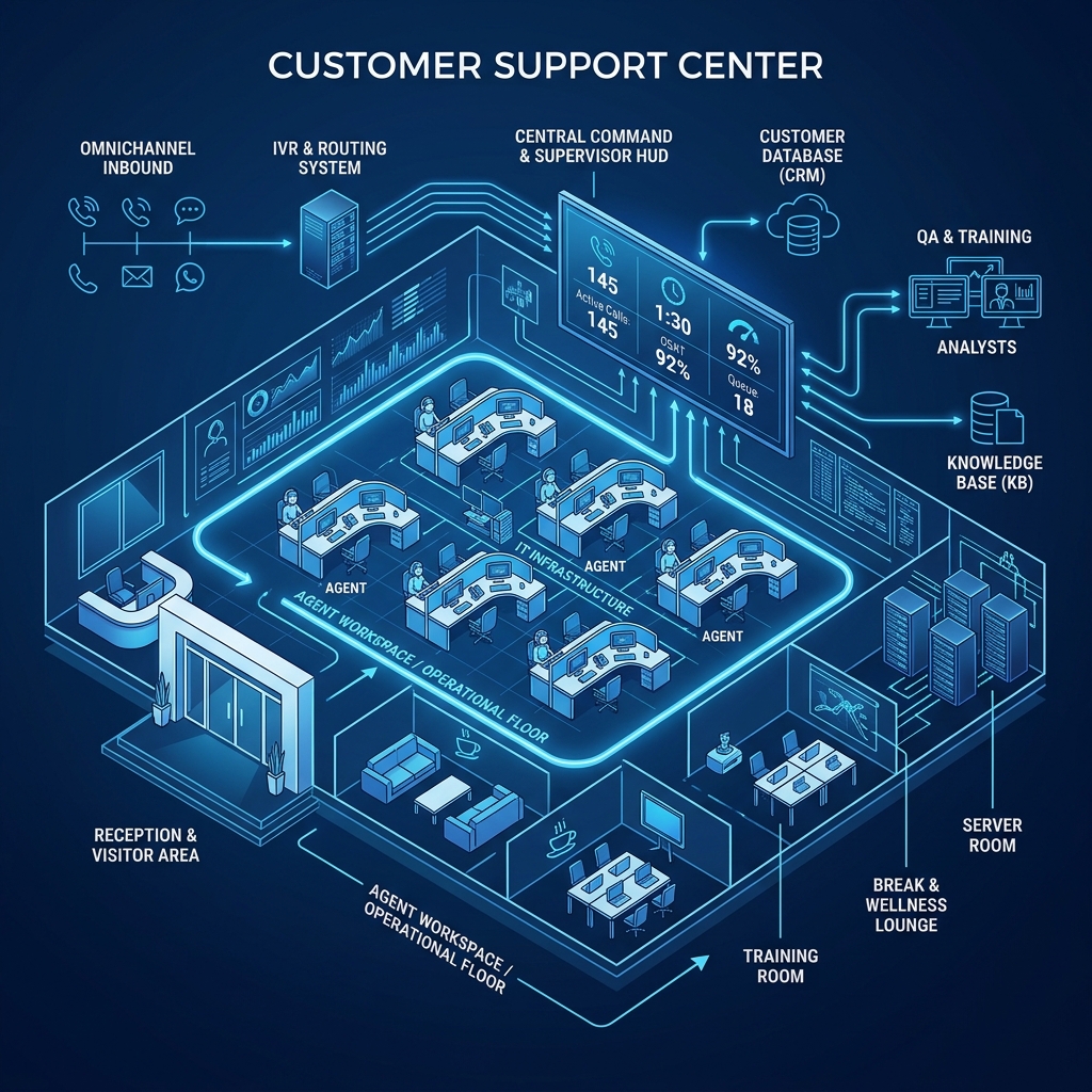 Customer support center graphic representing client inquiries