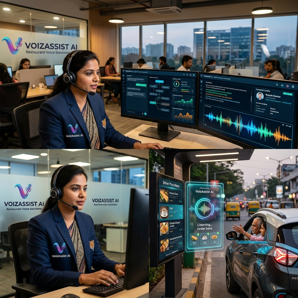 Futuristic AI voice assistant helping restaurant customers through phone calls and drive-thru ordering