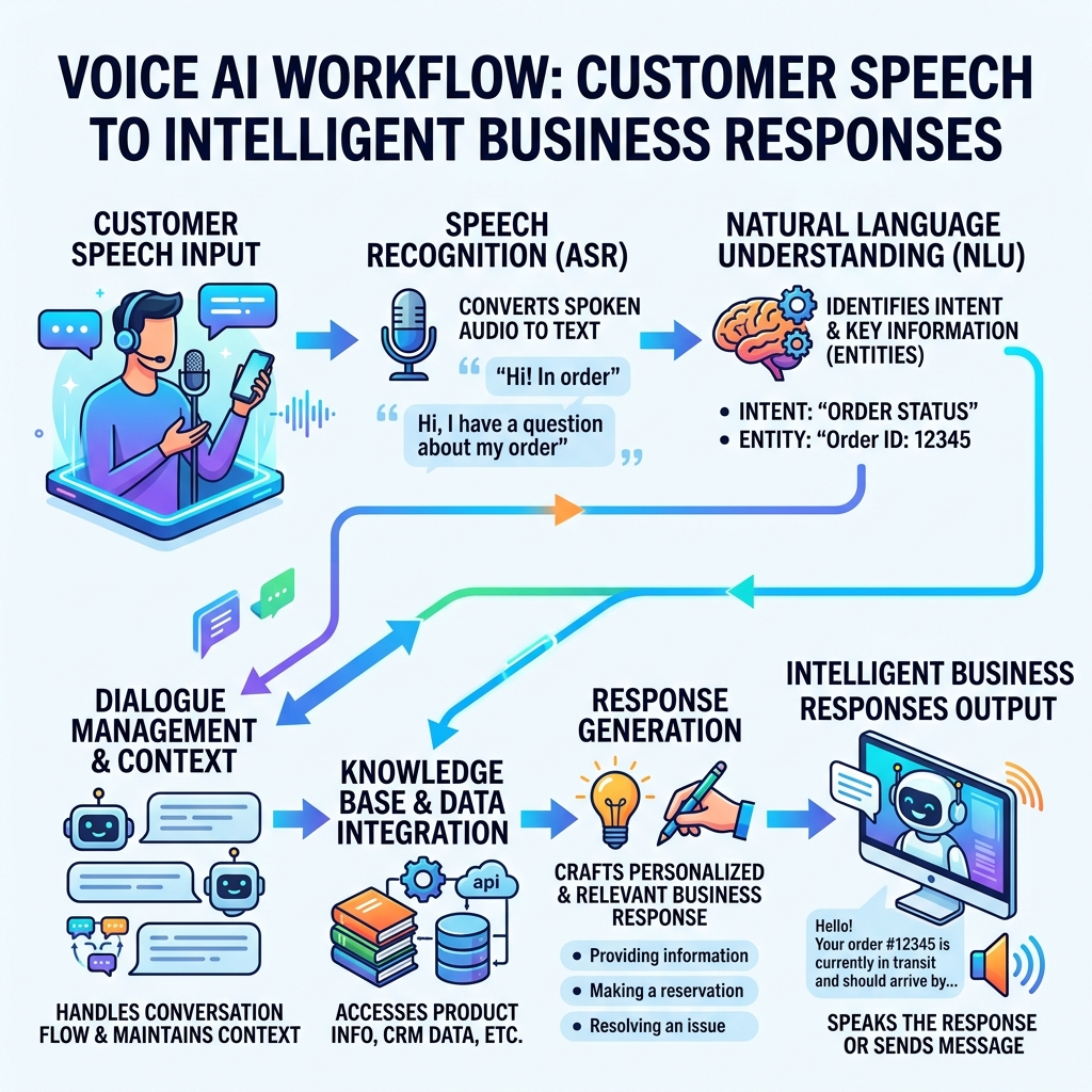 Voice AI conversion workflow infographic from customer speech to response